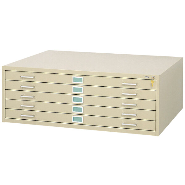 A white Safco 5-drawer flat file cabinet.