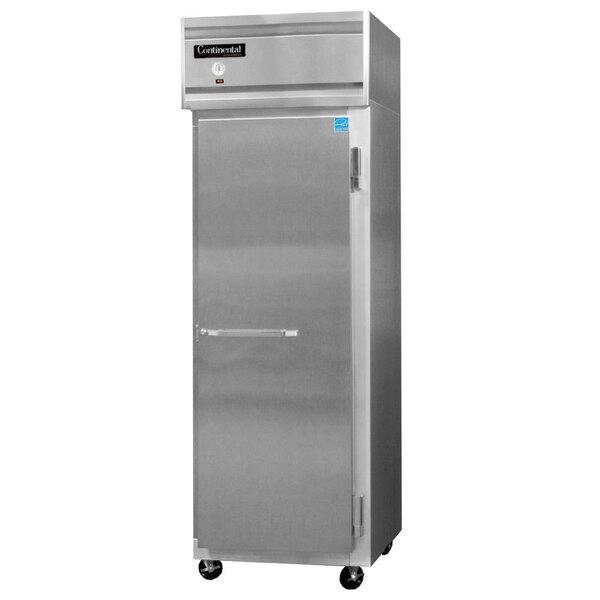 A Continental Refrigerator shallow depth reach-in refrigerator with a solid door on wheels.