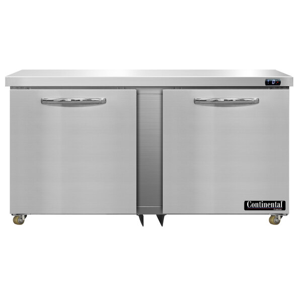 A stainless steel Continental Undercounter Freezer with two doors.