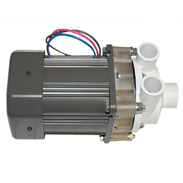 A close-up of a grey Hoshizaki pump motor with white and blue wires.