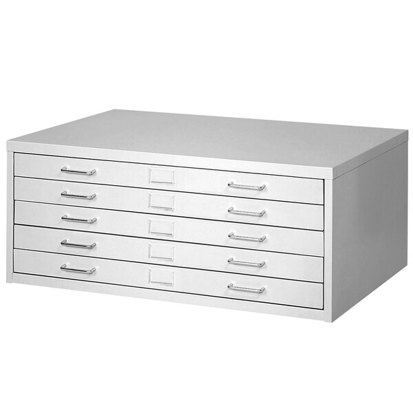 A white Safco steel flat file cabinet with five drawers.