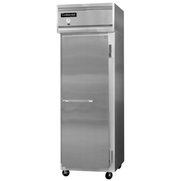 A Continental Refrigerator stainless steel reach-in refrigerator with a solid door.