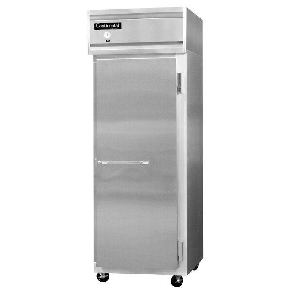A large silver Continental Refrigerator reach-in refrigerator with a solid door.