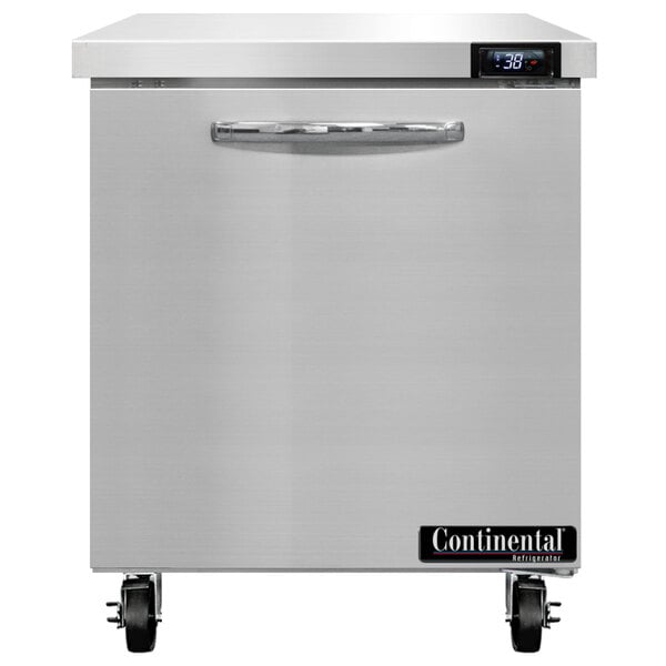 A stainless steel Continental undercounter refrigerator on wheels.