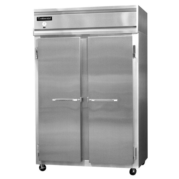 A Continental Refrigerator stainless steel reach-in refrigerator with two doors.