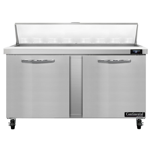 A Continental Refrigerator stainless steel sandwich prep table with two doors.