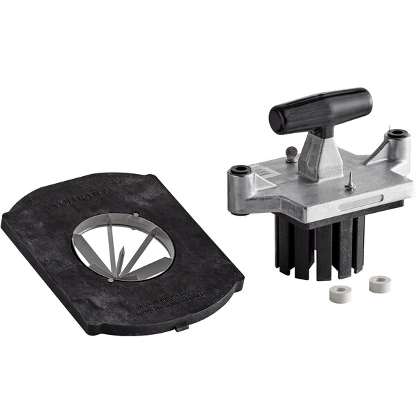 A black and silver Vollrath 6 section wedger assembly with a circular metal blade.