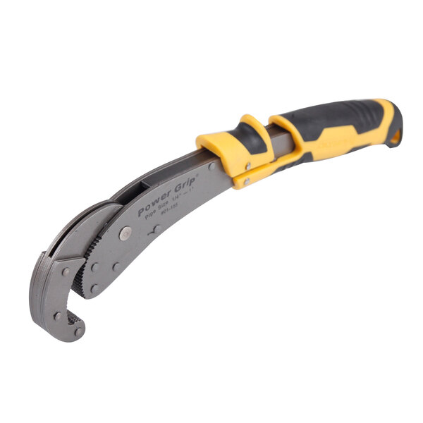 An Olympia Tools Power Grip Self-Adjusting Pipe Wrench with a yellow and black handle.