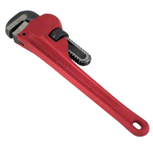 A red and black Olympia Tools pipe wrench.