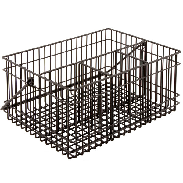 A metal gray wire basket with two compartments and a handle.