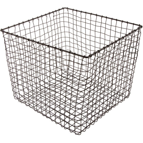 A metal wire square storage basket with a handle.