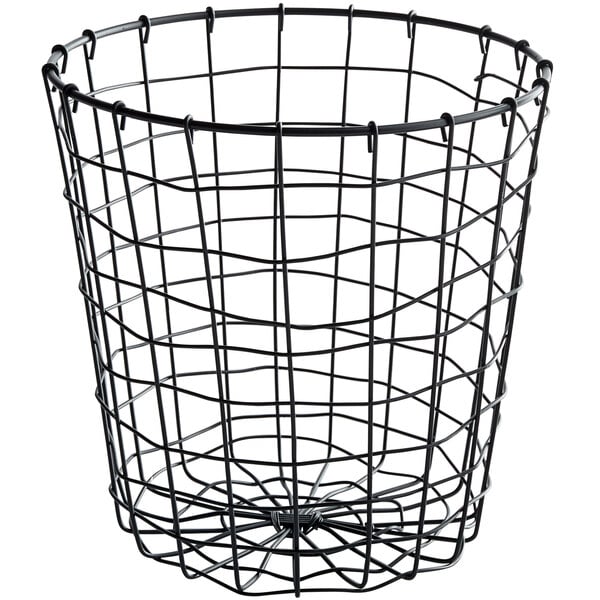 A metal gray wire basket with a handle.