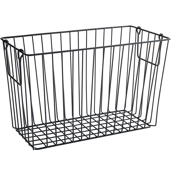 A metal gray rectangular basket with swinging handles.