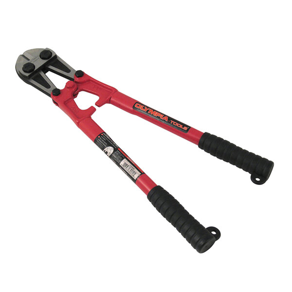 A red bolt cutter with black handles.