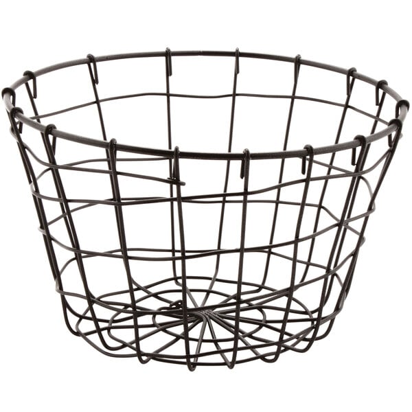 A metal gray wire basket with a handle.
