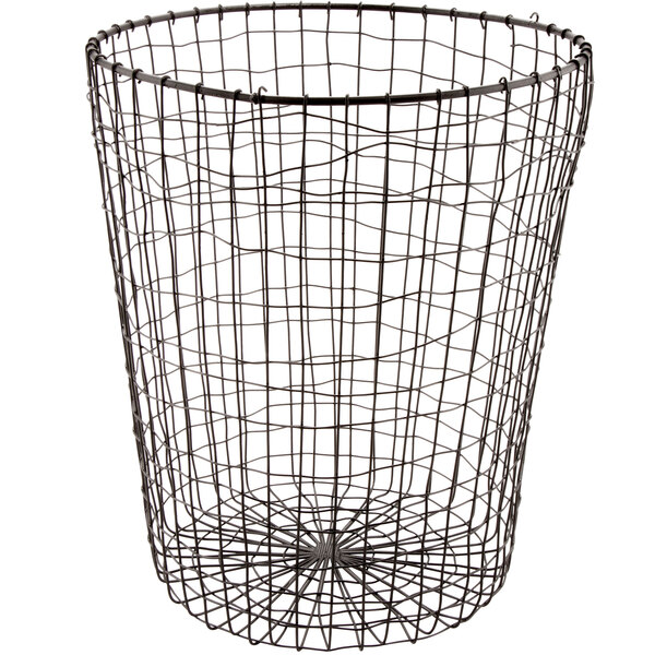 A round metal wire storage basket with a handle.