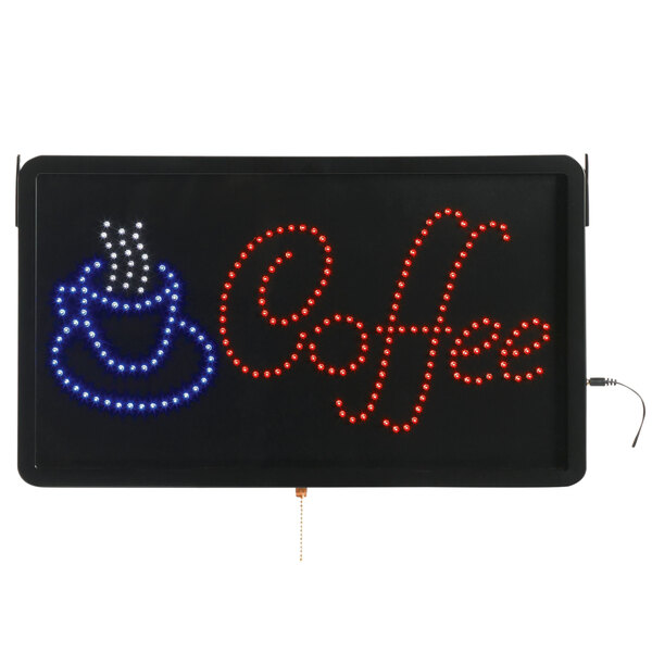 An LED sign with the word "coffee" in blue and white with a coffee cup above it.