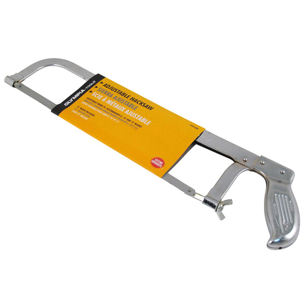 An Olympia Tools metal hacksaw with a yellow label and a steel blade.
