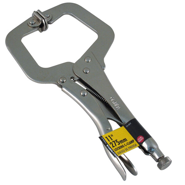 Olympia Tools Nickle / Chrome-Plated Steel Locking C-Clamp with a yellow tag.