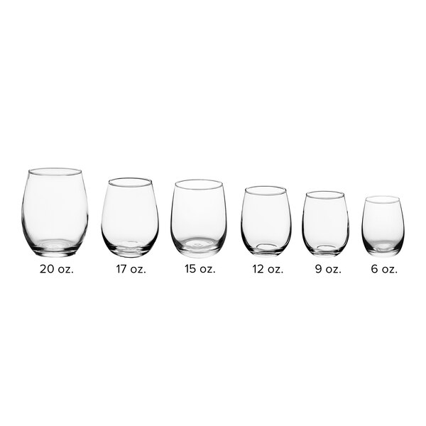 A 6 oz. clear stemless wine tasting glass.