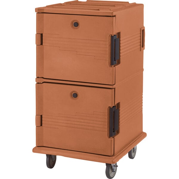 A brown plastic Cambro food pan carrier on wheels.