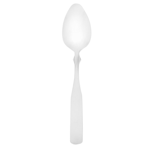 A Walco stainless steel teaspoon with a curved handle and a spoon on top on a white background.