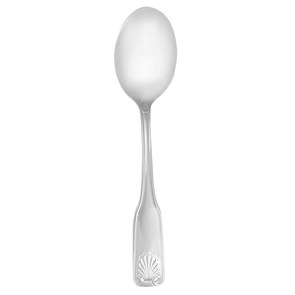 A silver dessert spoon with a handle.