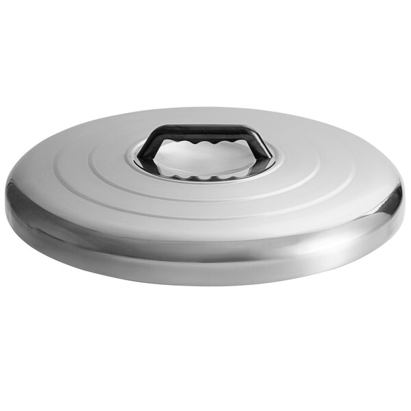 A silver metal Avantco rice cooker lid with a black handle and a hole in the center.