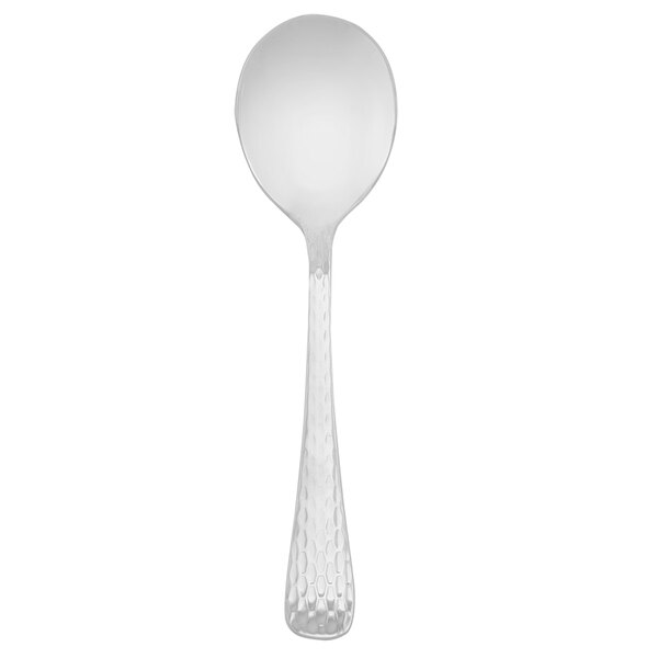 A close-up of a Walco stainless steel bouillon spoon with a white background.