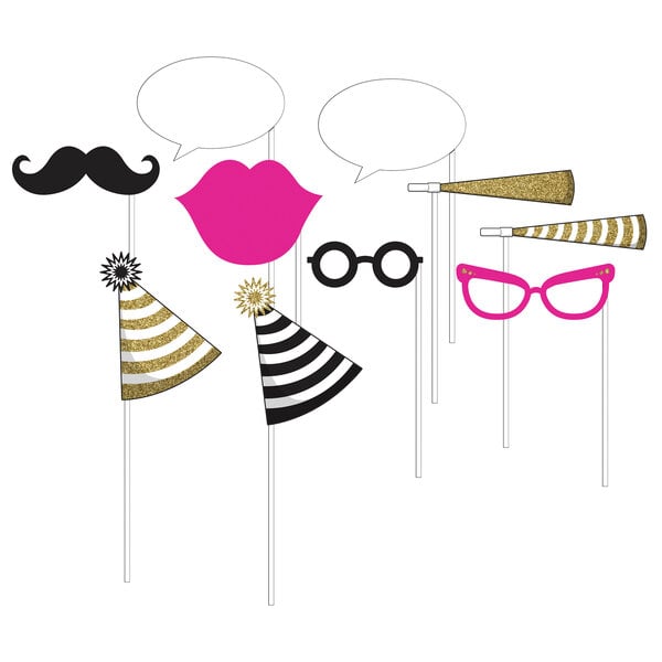 A group of Creative Converting photo booth props on sticks with a pink lips prop.
