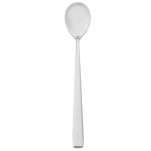 A Walco stainless steel iced tea spoon with a white handle and a silver spoon end on a white background.