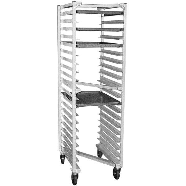 A metal Eagle Group sheet pan rack with four shelves holding trays.