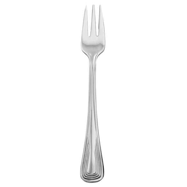 A silver fork with a black handle.