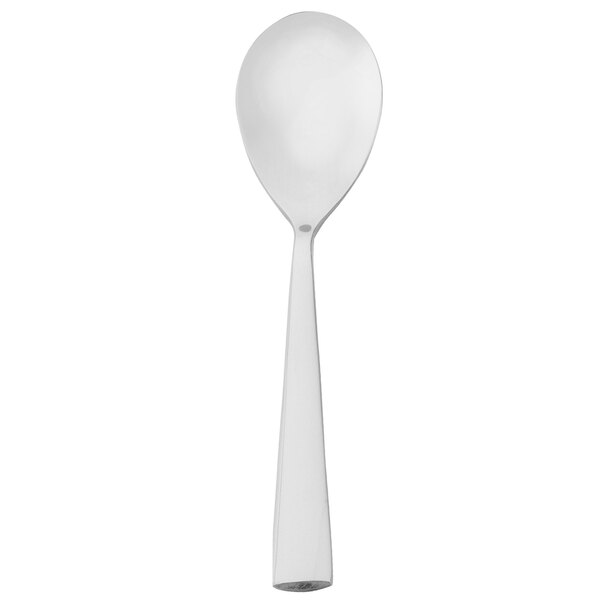 A Walco Audition stainless steel demitasse spoon with a white handle.