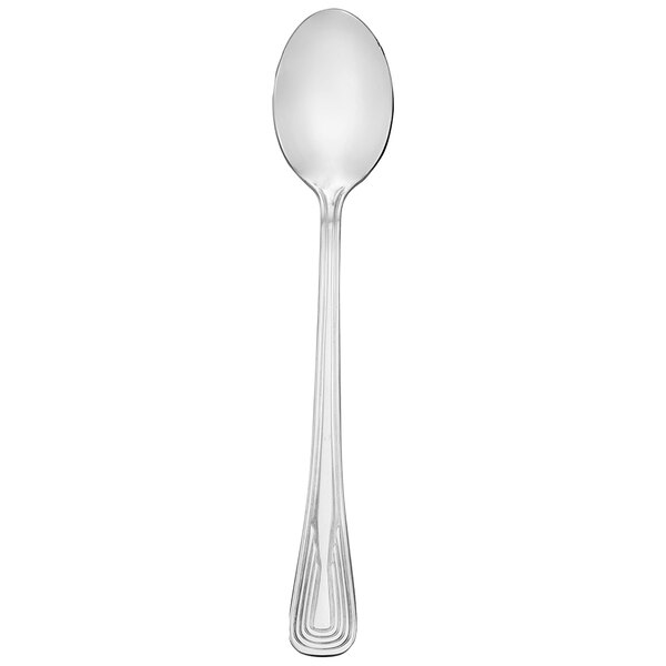 A white handle and silver bowl of a Walco stainless steel iced tea spoon.