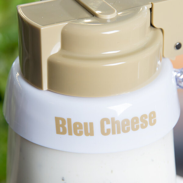 A white Tablecraft plastic collar with beige lettering reading "Bleu Cheese" on it.