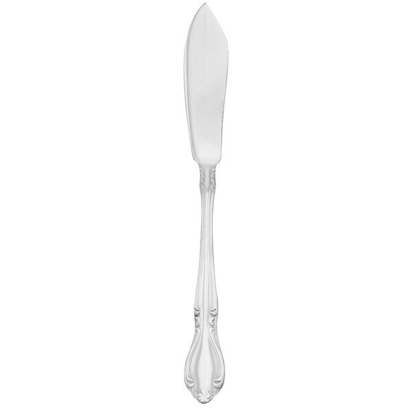 A silver butter spreader with a black handle on a white background.