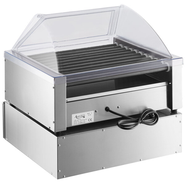 An Avantco hot dog roller grill with a clear lid on a counter.