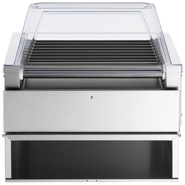 An Avantco stainless steel hot dog roller with a clear lid.