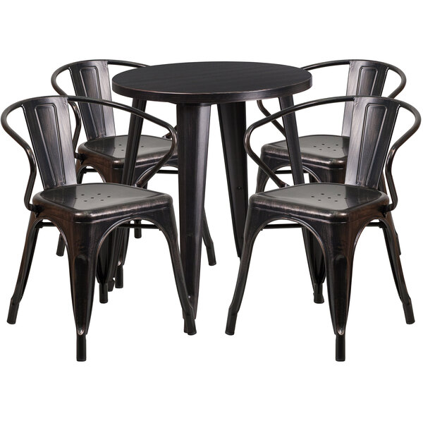 Flash Furniture CH-51080TH-4-18ARM-BQ-GG 24" Round Black-Antique Gold Metal Indoor / Outdoor Table with 4 Arm Chairs