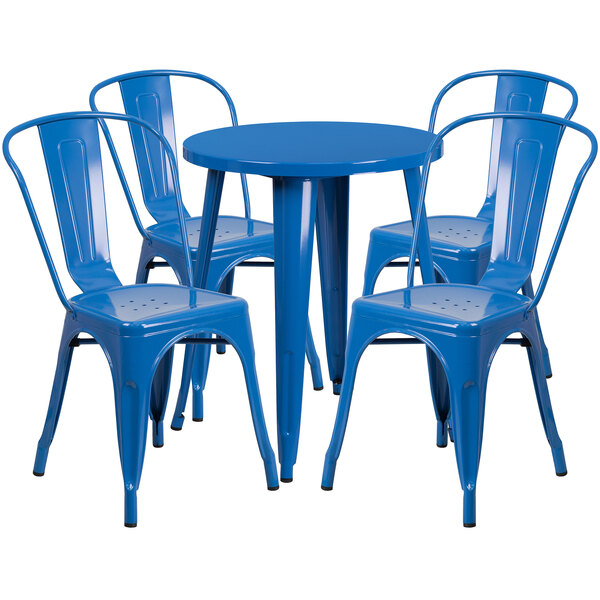 A blue metal table with blue chairs set outdoors.