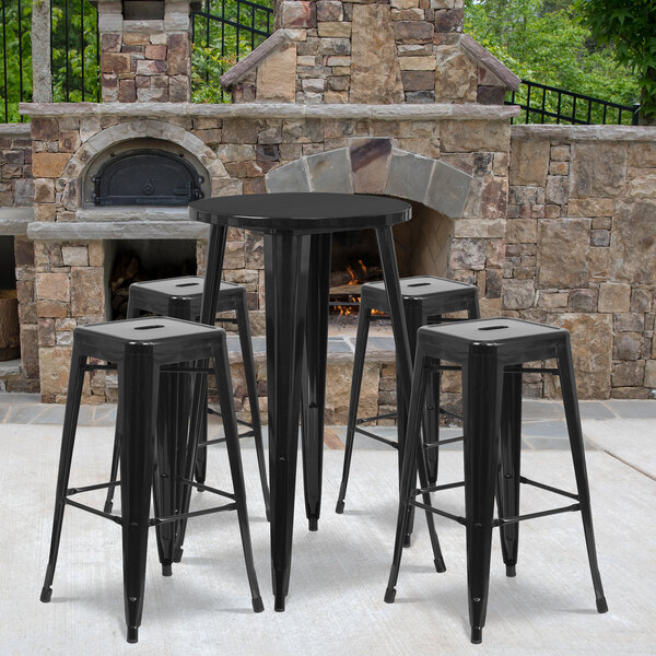 Flash Furniture CH-51080BH-4-30SQST-BK-GG 24" Round Black Metal Indoor / Outdoor Bar Height Table with 4 Square Seat Backless Stools