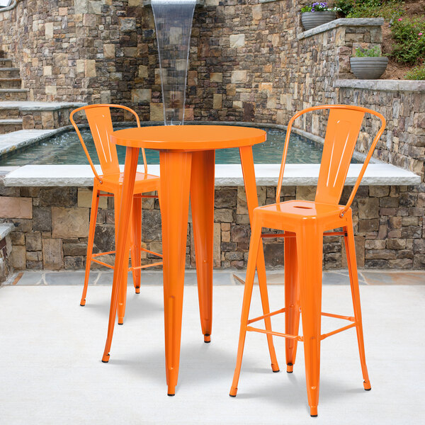 Flash Furniture CH-51080BH-2-30CAFE-OR-GG 24" Round Orange Metal Indoor / Outdoor Bar Height Table with 2 Cafe Stools