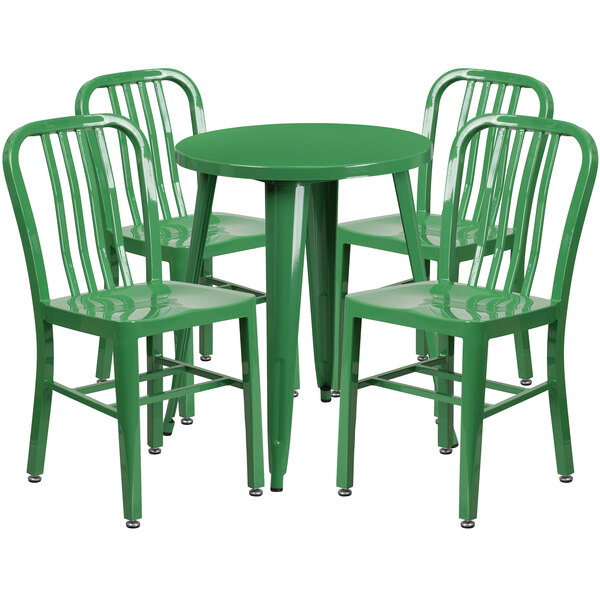 A Flash Furniture green metal table and chairs set.