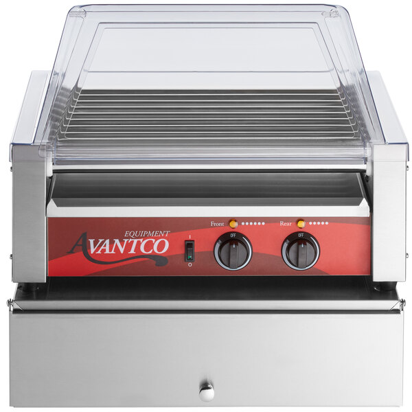 An Avantco commercial hot dog roller grill with sneeze guard on a counter.
