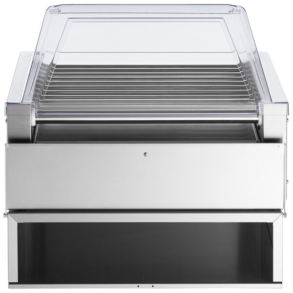 A silver Avantco hot dog roller with a clear sneeze guard.