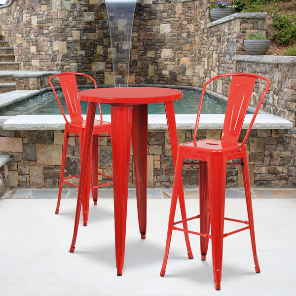 Flash Furniture CH-51080BH-2-30CAFE-RED-GG 24" Round Red Metal Indoor / Outdoor Bar Height Table with 2 Cafe Stools