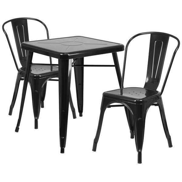 A black metal Flash Furniture table with two black metal chairs.