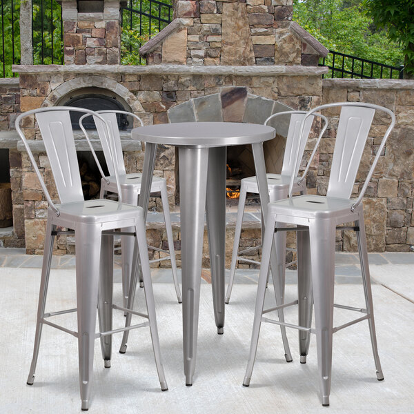 Flash Furniture CH-51080BH-4-30CAFE-SIL-GG 24" Round Silver Metal Indoor / Outdoor Bar Height Table with 4 Cafe Stools