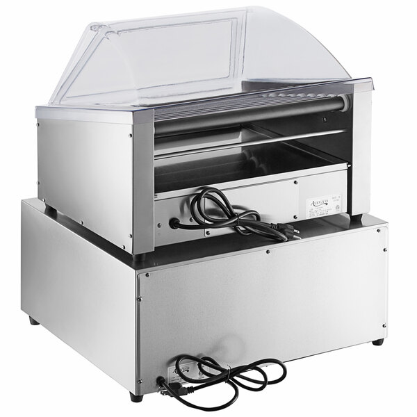 An Avantco commercial hot dog roller with a clear sneeze guard.